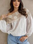 BY O LA LA...! BLUZKA Z OZDOBNĄ KORONKĄ BIEL/BEŻ - 2
