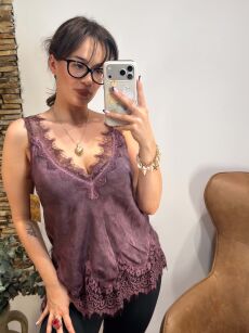 SATYNOWY TOP Z KORONKĄ PERLA WRZOSOWY