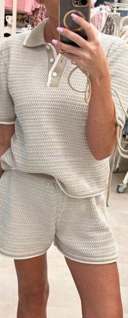 SEMPRE KOMPLET DZIANINOWY TOP POLO + SZORTY BEŻ/ŚMIETANA