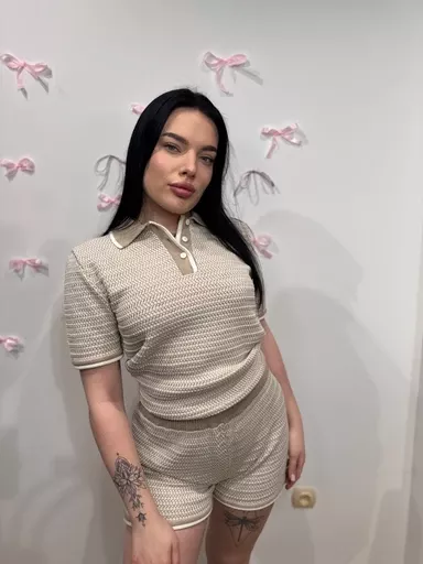 SEMPRE KOMPLET DZIANINOWY TOP POLO + SZORTY BEŻ/ŚMIETANA