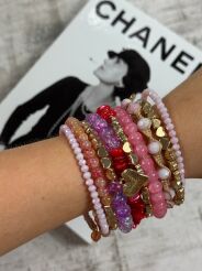 BRANSOLETKA SPRĘŻYNKA KAMIENIE NATURALNE + CHARMSY RÓŻOWA