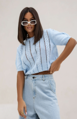 SEMPRE KRÓTKI SWETER AŻUROWY NIEBIESKI