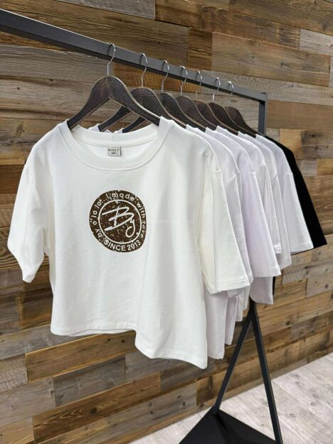 BY O LA LA! PUDEŁKOWA BLUZKA T-SHIRT STEMPEL BIAŁA/MATCHA
