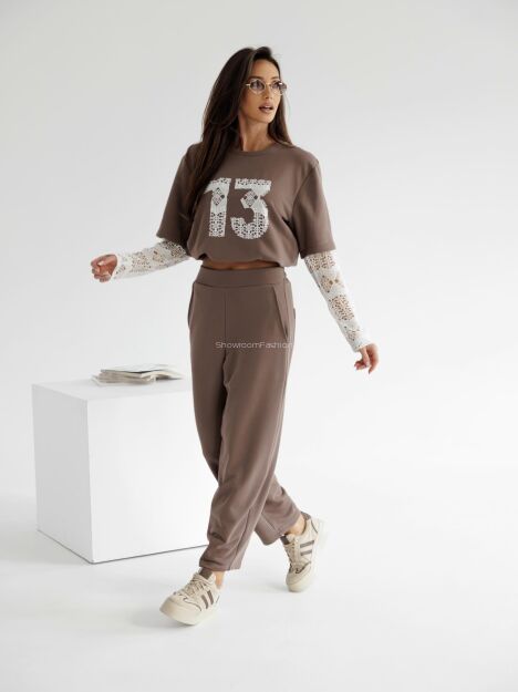 BY O LA LA...! KOMPLET Z KORONKĄ BLUZKA + SPODNIE '13' KAKAO