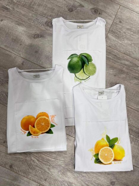 BY O LA LA! BLUZKA T-SHIRT FRUIT BIEL/CYTRYNA