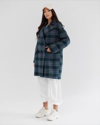 BY O LA LA! OVERSIZOWY PŁASZCZ W KRATĘ PETROL (TURKUS)/JEANS