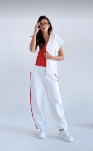 BY O LA LA! DRESOWE SPODNIE BALLOON Z LAMPASAMI OFF WHITE/RED KISS