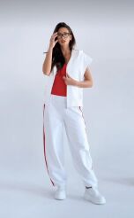 BY O LA LA! DRESOWE SPODNIE BALLOON Z LAMPASAMI OFF WHITE/RED KISS