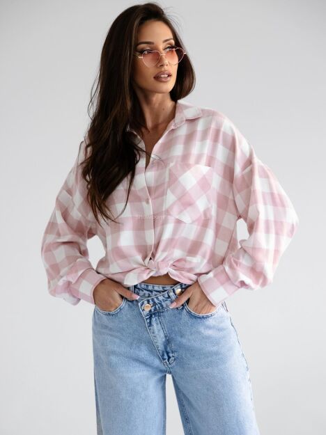 BY O LA LA! KOSZULA W KRATĘ Z DŻETAMI OFF WHITE/RÓŻ