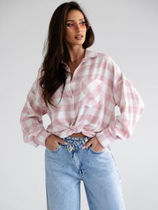 BY O LA LA! KOSZULA W KRATĘ Z DŻETAMI OFF WHITE/RÓŻ