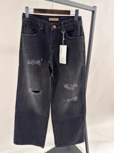 BY O LA LA! SPODNIE JEANSY WIDE LEG Z DZIURAMI SZARE