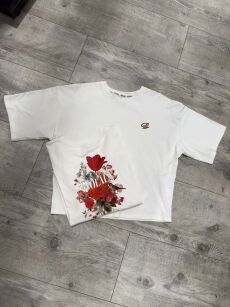 BY O LA LA! BLUZKA T-SHIRT PRINT KWIATY ŚMIETANA/CZERWIEŃ