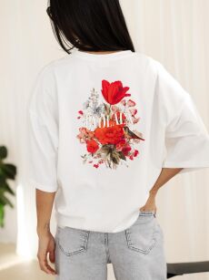 BY O LA LA! BLUZKA T-SHIRT PRINT KWIATY ŚMIETANA/CZERWIEŃ