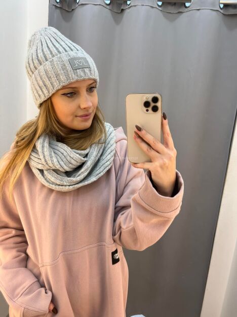 BY O LA LA...! ZIMOWY KOMPLET CZAPKA + KOMIN LOGO SZARY