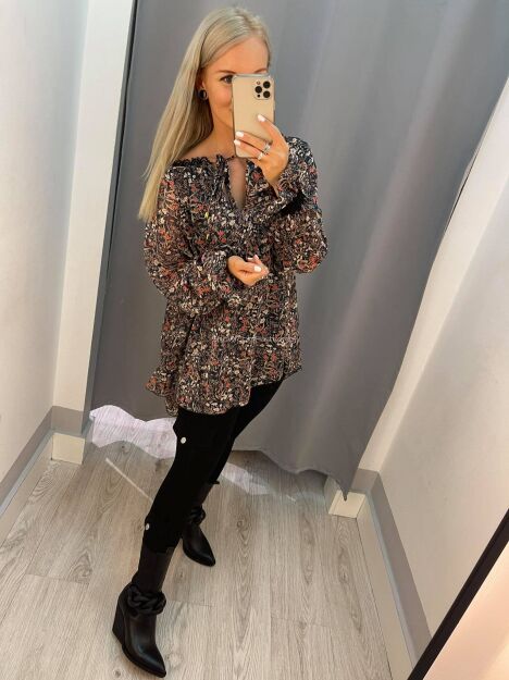 BY O LA LA...! TUNIKA BLUZKA BOHO FLORAL CZARNA