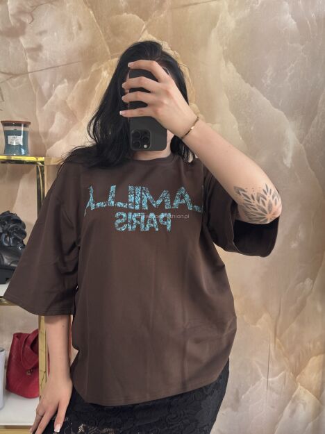 LA MILLA BLUZKA T-SHIRT OVERSIZE Z LOGO CZEKOLADA/TURKUS