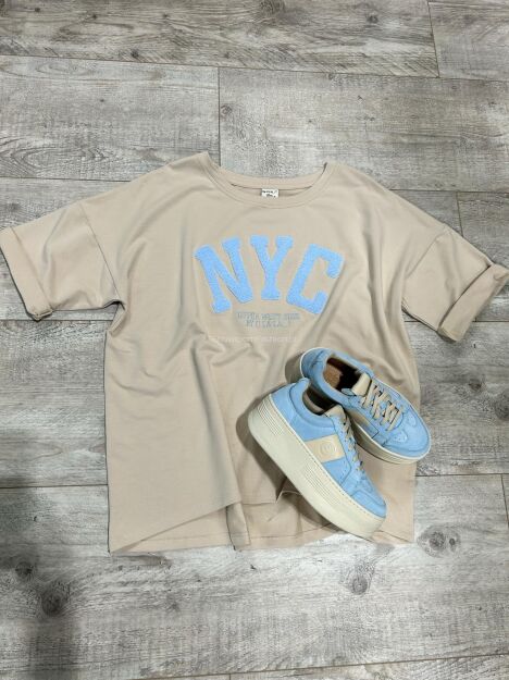 BY O LA LA! BLUZKA T-SHIRT NYC BEŻ/BABY BLUE