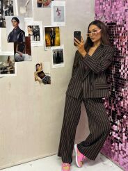 LA MILLA KLASYCZNE SPODNIE WIDE LEG Z ZAKŁADKĄ W PASY CZEKOLADA/BIEL