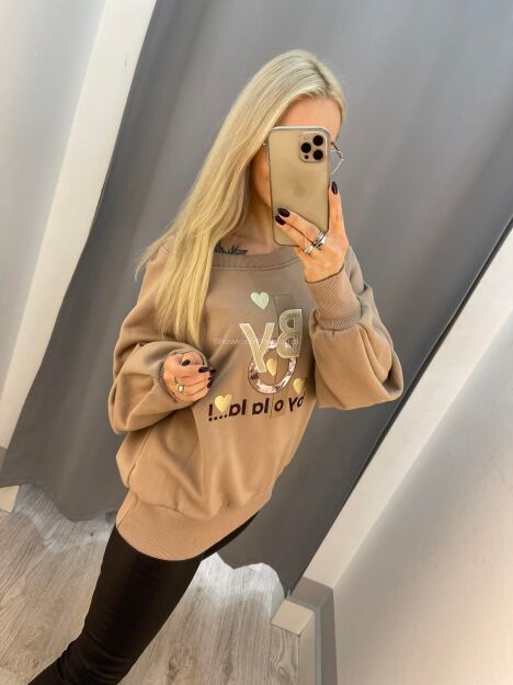 BY O LA LA! DRESOWA OCIEPLANA BLUZA Z LOGIEM BEŻ