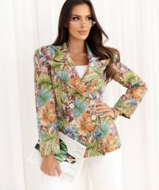 BY O LA LA...! MARYNARKA ŻAKARDOWA W KWIATY MULTICOLOR/NIEBIESKA/RUDA/RÓŻ