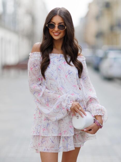 BY O LA LA!  SZYFONOWA SUKIENKA BIRDY OFF WHITE/ŚMIETANA