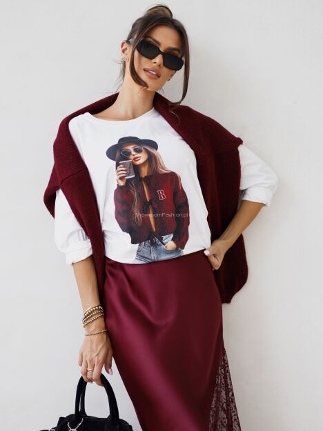 BY O LA LA! BLUZKA BASIC WOMAN ŚMIETANA/BORDO (MERLOT)