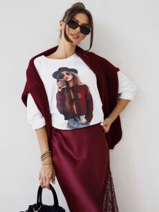 BY O LA LA! BLUZKA BASIC WOMAN ŚMIETANA/BORDO (MERLOT)