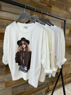 BY O LA LA! BLUZKA BASIC WOMAN BIEL/TURKUS (PETROL)
