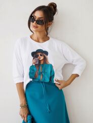 BY O LA LA! BLUZKA BASIC WOMAN BIEL/TURKUS (PETROL)