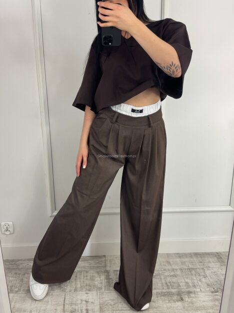 LA MILLA SPODNIE WIDE LEG Z BIAŁĄ LOGOWANĄ GUMĄ BRĄZ