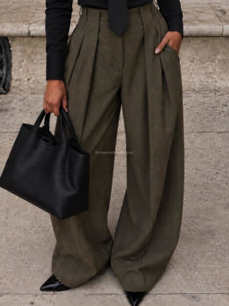 EMO ELEGANCKIE SPODNIE Z ZAKŁADKAMI KHAKI
