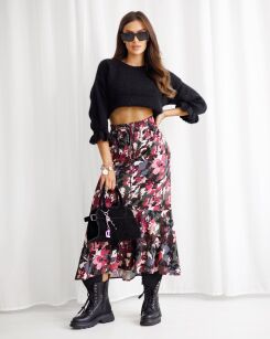 BY O LA LA! WISKOZOWA SPÓDNICA MIDI W KWIATY MULTICOLOR